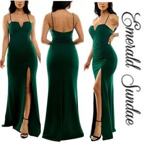 Emerald Sundae - Juniors' Notch-Neck Slit-Front Gown - Large